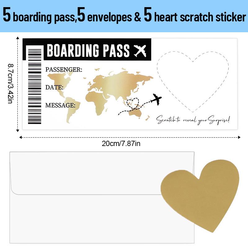 5Sheets Boarding Pass Scratch Off Game Card with Envelope DIY Surprise Gift for Wedding Birthday Party Christmas Travel Tickets