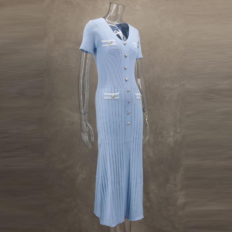 Knit Button Ribbed Slim Hip Package Women Long Dress Early Autumn V-neck Short Sleeve Female Robe