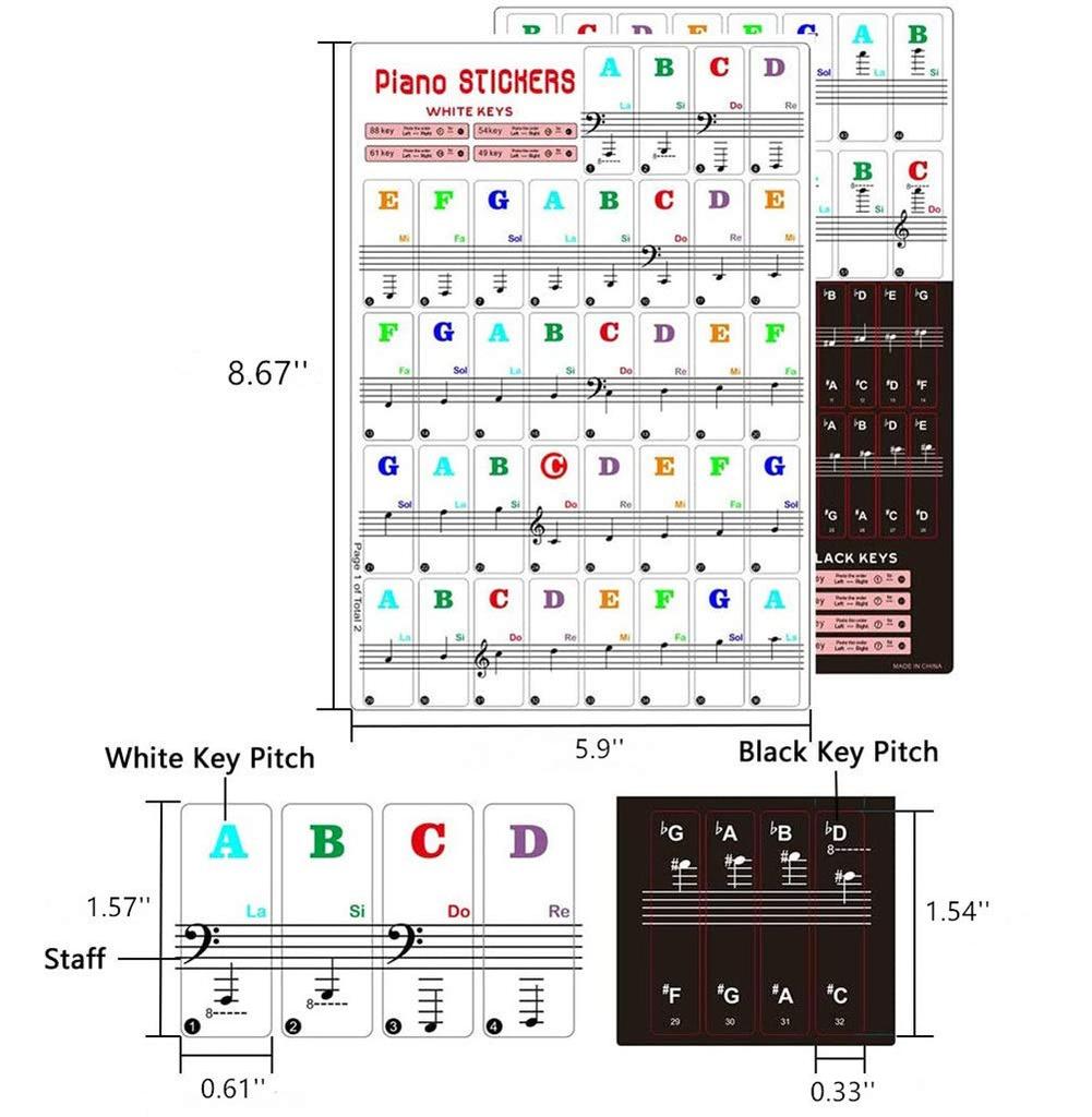 Yuecheng Colorful Key Piano Keyboard Sticker Musical Note Sticker Peelable Finger Practice Guide Transparent Removable Folder 88/61/54/49