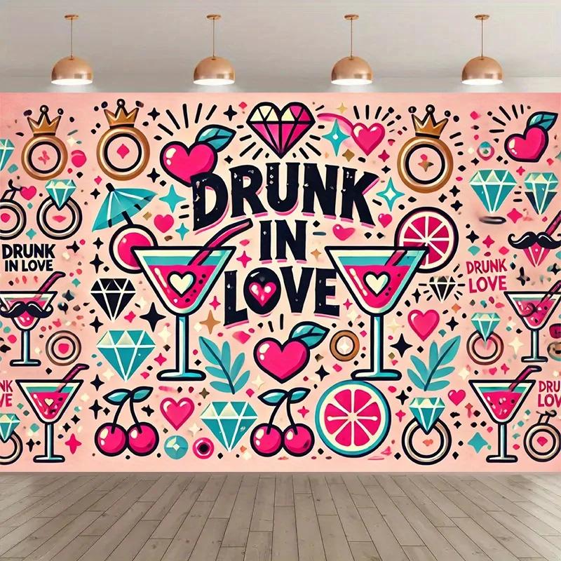 8x6 feet polyester fiber party banner - "Love Drink" themed photo background, with colorful graphicsDJH