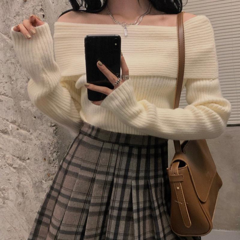 Осенние облегающие сексуальные свитера с открытыми плечами, вязаные свитера для женщин, модные повседневные зимние свитера с разрезом по шее, женские винтажные короткие джемперы, топы 25529