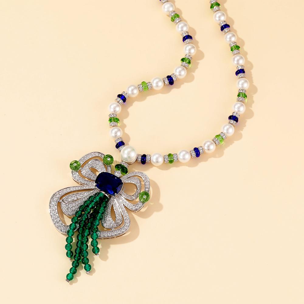 Direct Pearl butterfly Necklace Green Agate Tassels Long Sweater Chain Luxury Hand Made Jewellery Hyperbole Style