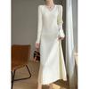 V-neck Base Knitted Dress, New In Autumn and Winter, Elegant Temperament, High-end Feeling, Waist Long A-word Sweater Skirt