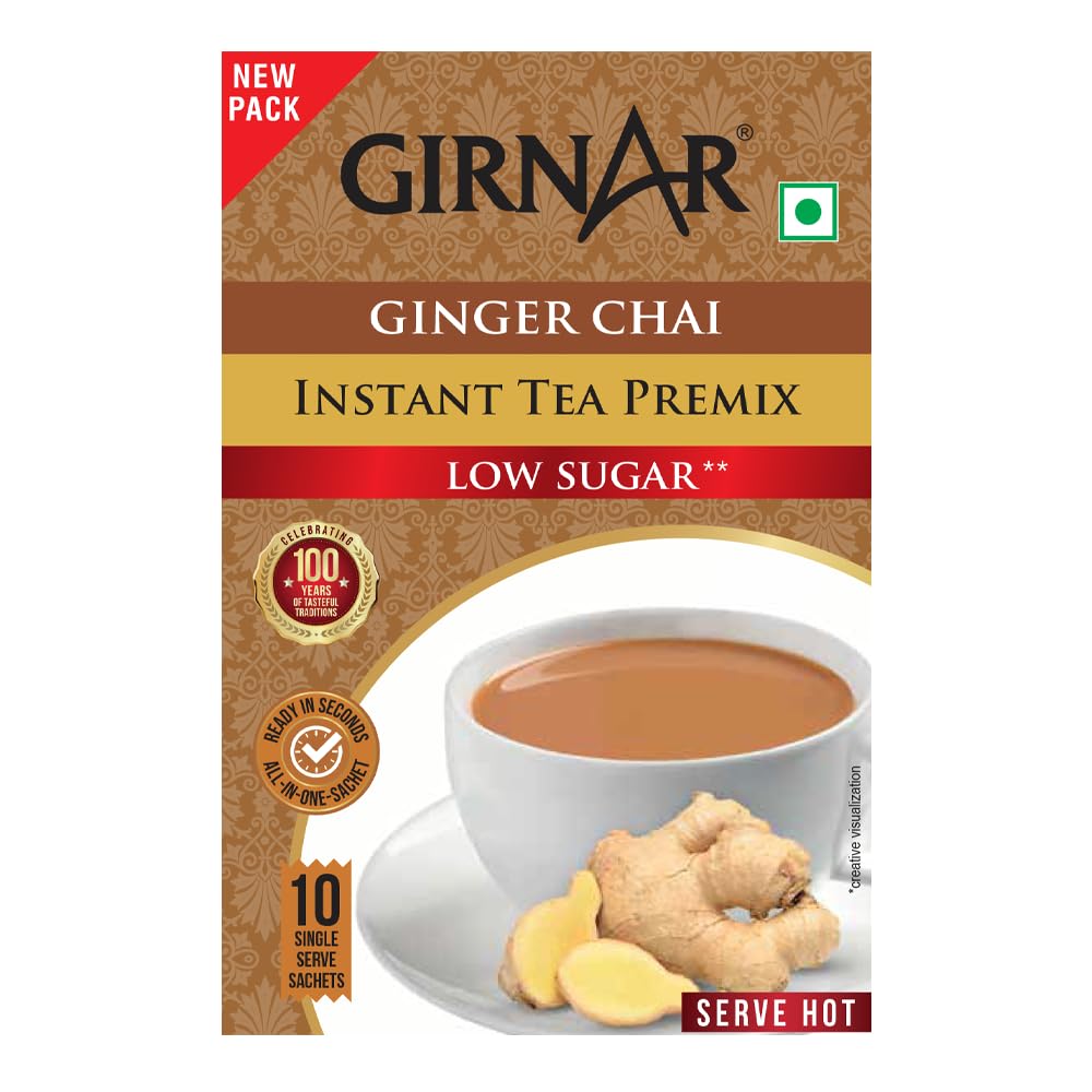 Girnar Instant Ginger Tea Premix Low Sugar 10 Sachets Caffeine Free Single Serve Beverage
