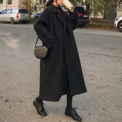 Осеннее женское элегантное шерстяное пальто, корейская мода, черная универсальная длинная куртка, женская зимняя утепленная теплая свободная одежда, новое пальто