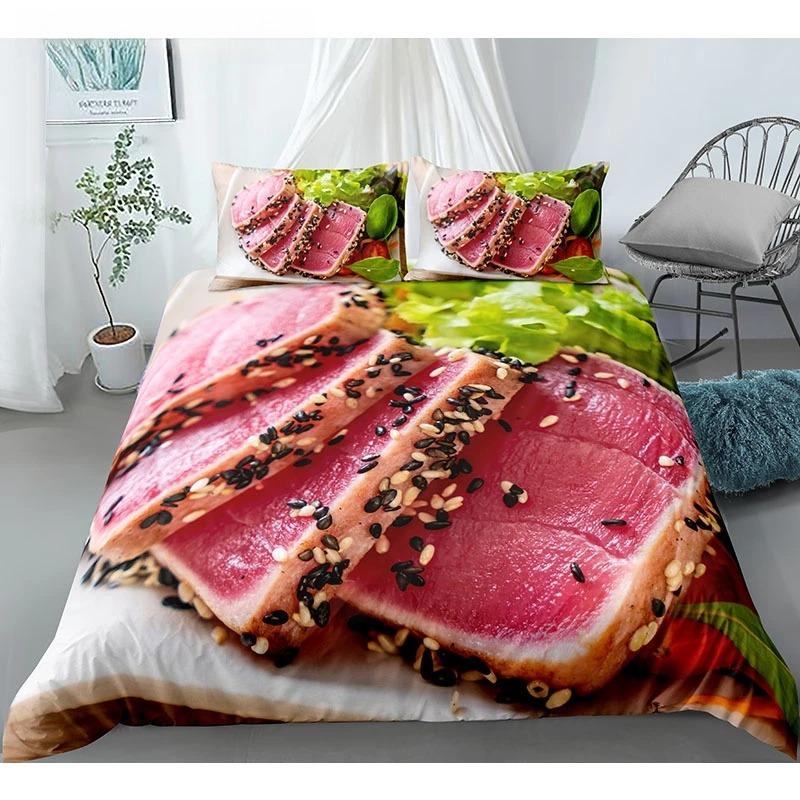 Еда Говядина Комплект постельного белья 3D Свежее мясо Пододеяльник Кинг/Квин Сайз Вкусные морепродукты Сашими Голень Стейк Реалистичный Пододеяльник