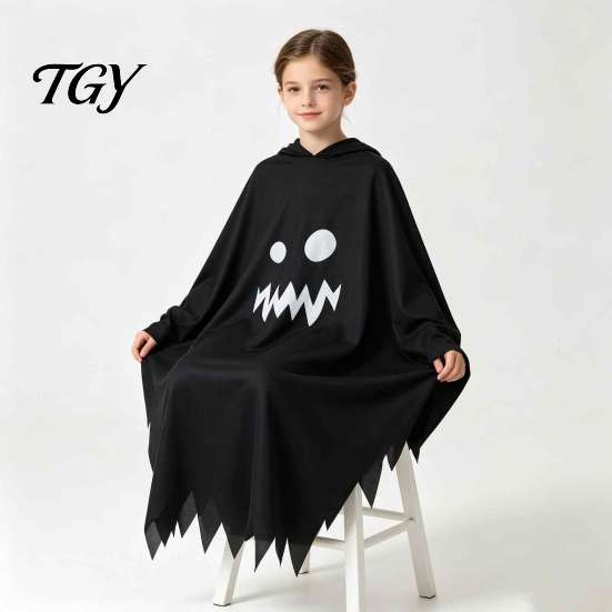 Spooky Cosplay Cloak for Boys Girls Hooded Ghost Costume, White/Black Cape Costume Kids Adults, Cute Face Party Dress Halloween Outfit with Wave Edge