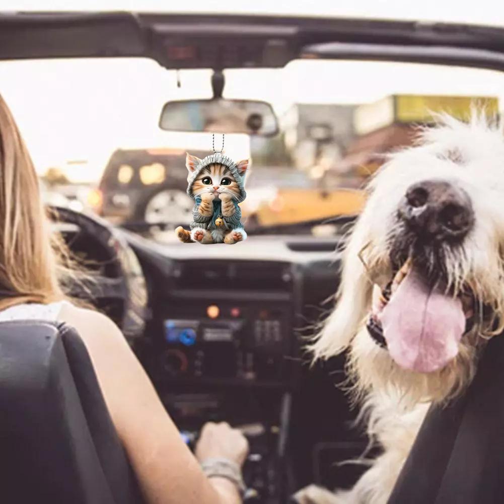 2D Car Pendant Hanging Ornament With Chain Realistic Hanging Interior Car Cat-Shaped Decor Mirr W3P9