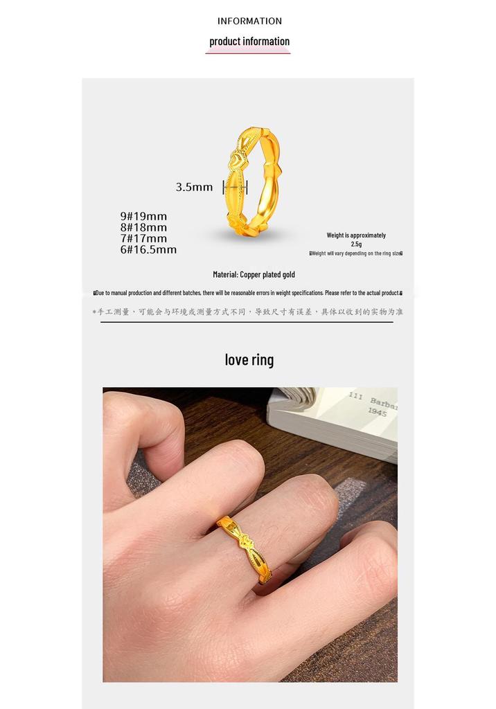 New Chinese Style Gold Heart Closed Ring: Elegant High-End Simple Band Jewelry