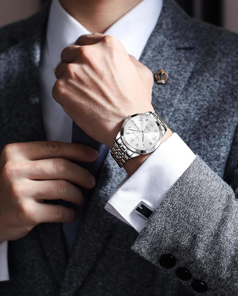 PINDOWS Diamond Business Dress Analog Quartz Luxury Waterproof Luminous Date Stainless Steel Classic Fashion Watch Men's Watch, Display, Two-Tone