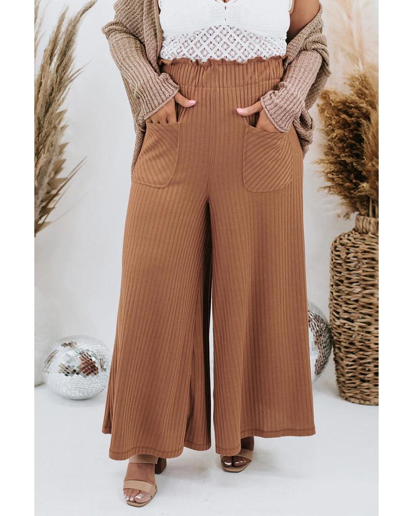 Azura Exchange Brown Ribbed Wide Leg Plus Pants with Frill Waist