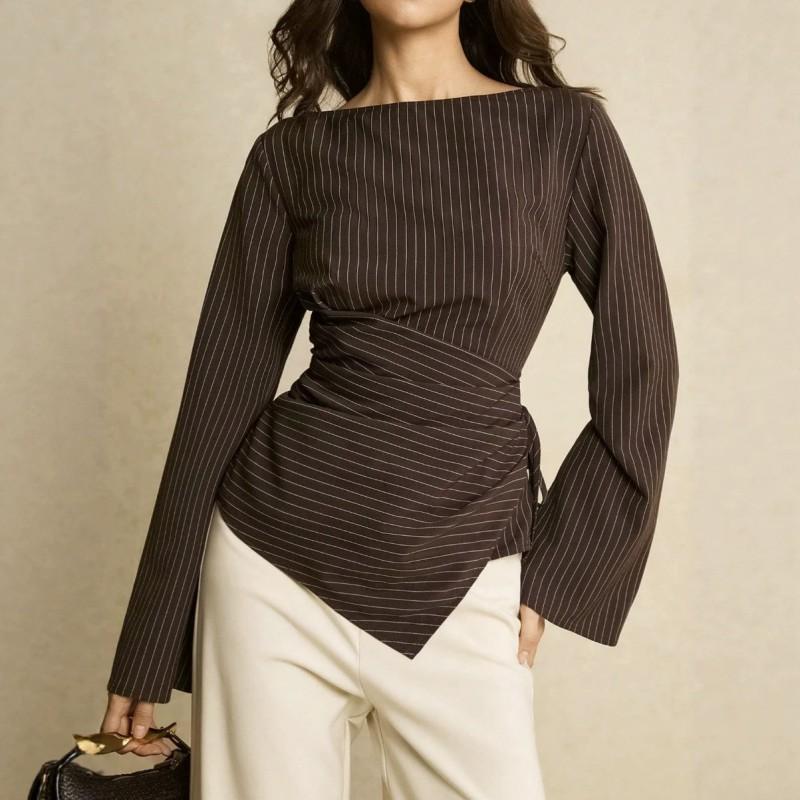Striped Boat Neck Slim Fit Blouse Women - Lightweight Flowy Office Shirt With Elbow Sleeves Fall 2026