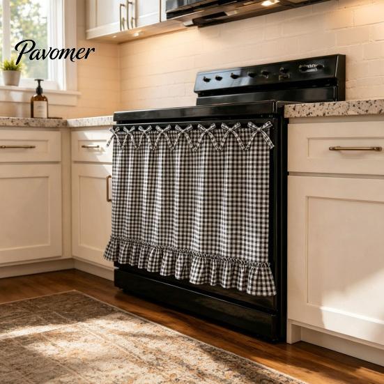 Oven Side Window Drapes Buffalo Plaid Curtain Skirt, Door with Ribbon Bows, Rustic Small Space Decor Half for Farmhouse Kitchen Sink, Cabinet,