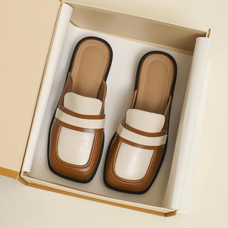 Fashion 2024 Spring and Autumn Women Wear Flat Slippers Square Head Design British Style Party and Work Wear Ladies Casual Mules 41-43