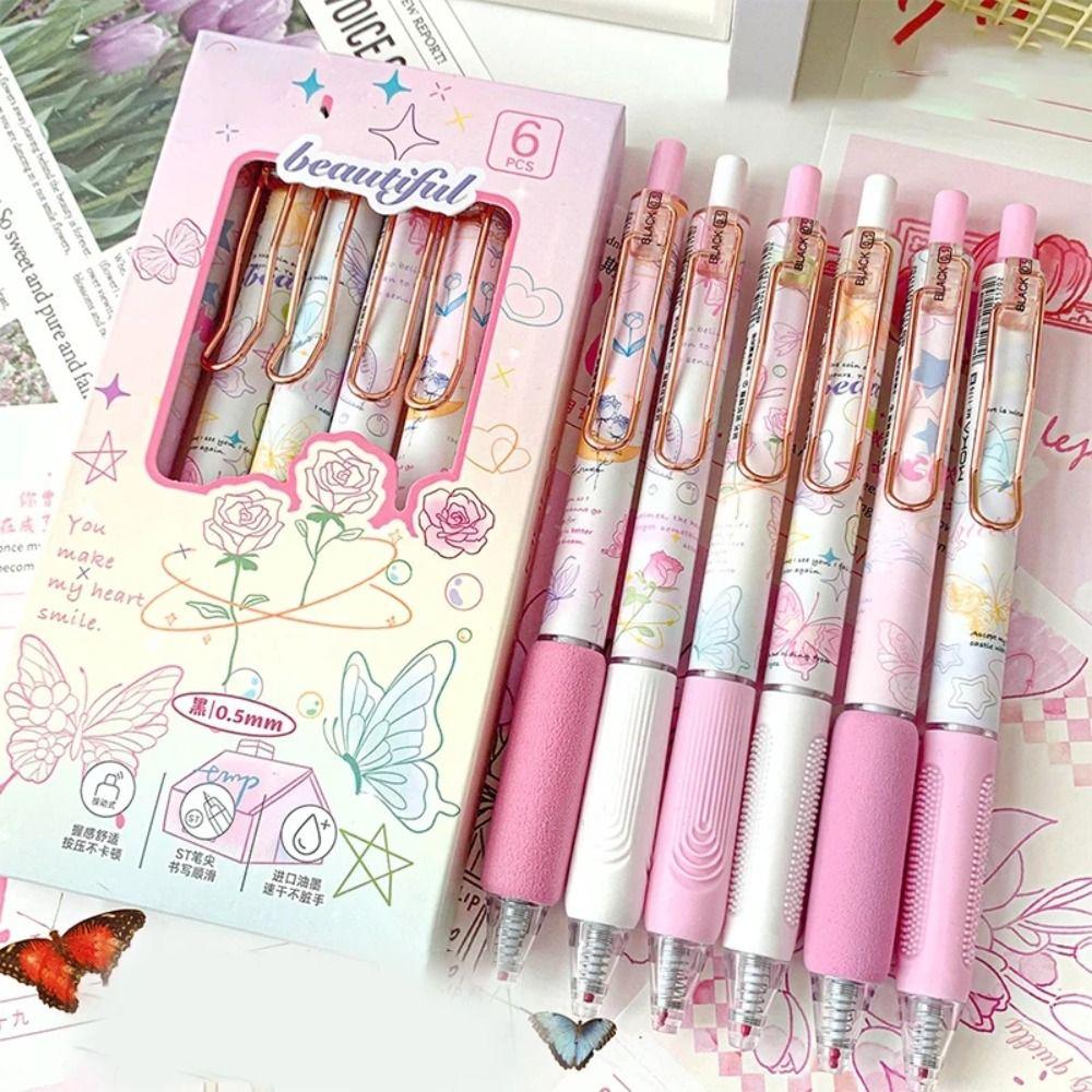 6PCS Butterfly Series 0.5mm Writing Pen Kawaii Black Ink Pen Boxed Cute Press Gel Pen  School Office