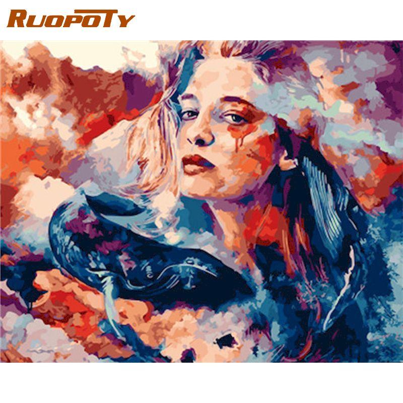 RUOPOTY Девушка и красочная фигурка льва, наборы для рисования по номерам, в рамке 60x75 см, DIY масляные краски, раскраска на холсте, домашний декор, искусство