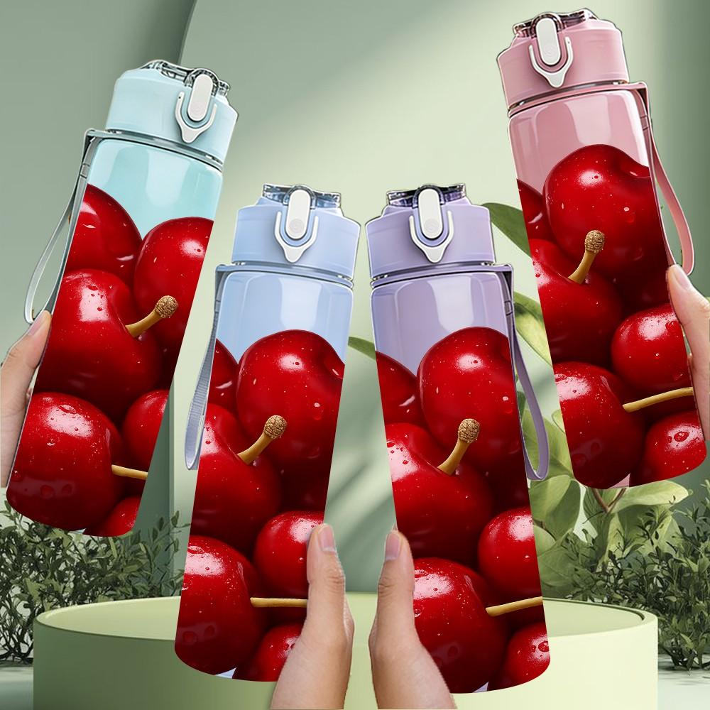 1PC Bright Red Cherry Fruit Cluster Print 750ml Color Plastic Sports Water Bottle Leakproof Flip Straw Lid Suitable for Sports Office Home Use