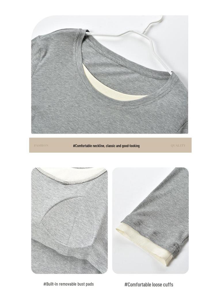 Women's Fall Pajama Set: Long Sleeve & Long Pants with Breast Pads, Modal Fabric, Wear Indoors or Outdoors