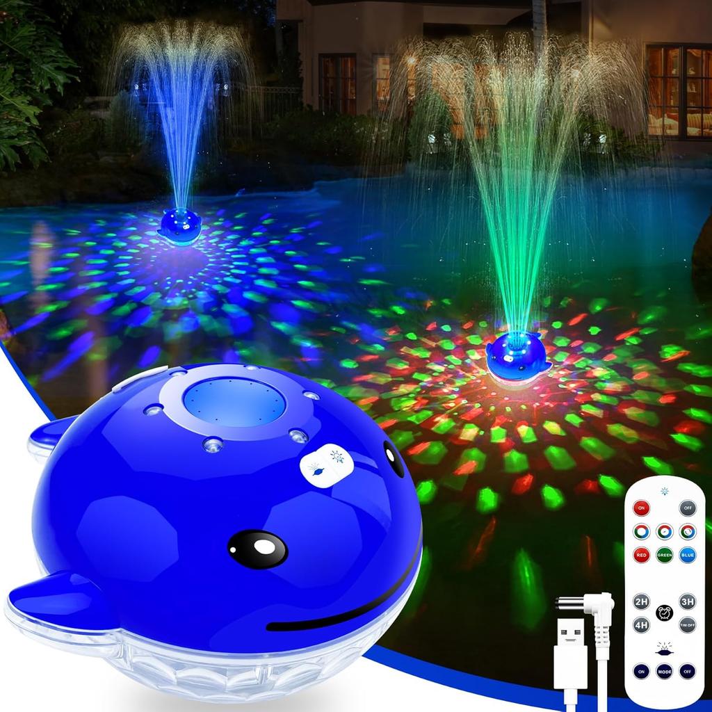 Floating Pool Fountain with Remote, Whale Pool Fountain with Lights, Rechargeable Pool Water Fountain, Above Ground Pool Fountain Waterfall, Swimming