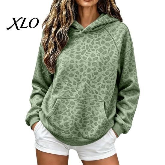 Long Sleeve Casual Tops Women Leopard Print Hoodie, Oversized Drop Shoulder Hooded Sweatshirt with Pocket, Daily Hoodie Pockets Loose Pullover Top for