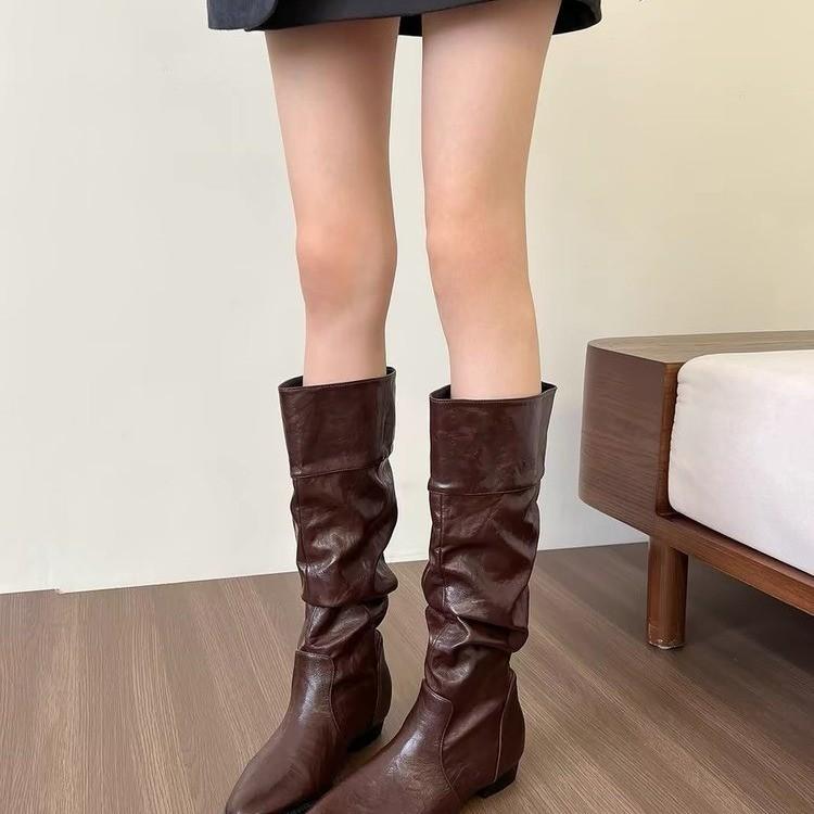 Pointed Toe Women High Boots Leather Knee High Flats Designer Shoes Trend Winter Classic Gladiator Motorcycle Botas Mujer