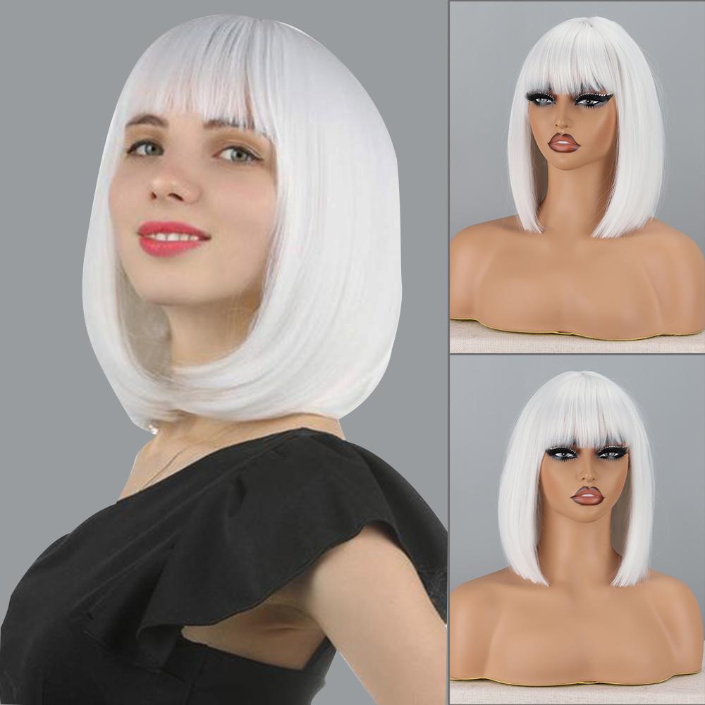 MERISIHAIR Women Short Straight Brown Bob Wig with Bangs Synthetic Fiber Natural Straight Shoulder Length Wig Daily Wear