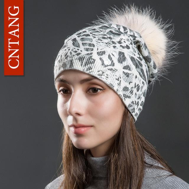 CNTANG Women Winter Warm Hats Fashion Bronzing Leopard Hats With Natural Pompom Fur Caps Female Knitted Wool Hat Raccoon Beanies