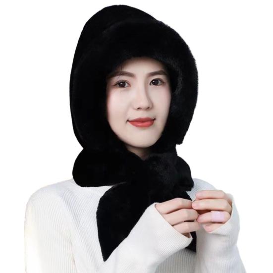 Autumn Winter Warm Hat Plush Lining Windproof Integrated Headwear Scarf for Women Cold Protection 3-in-1 Neck Ears Warmer Plush Hat for Motorcycle EMA