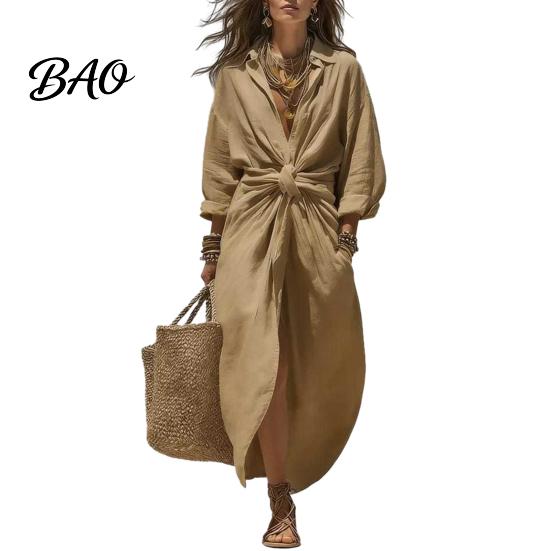 Twist Tie Waist Dress Maxi Shirt for Women, V Neck Long Sleeve Ruffled Skin-friendly Boho Dress, High Slit A-line Loose Flowy with Pockets Silhouette