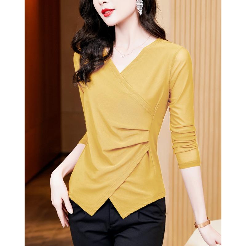 New Autumn Clothing Slim and Versatile Cross V-neck Solid Color Long-sleeved Mesh Base Shirt for Women's Inner T-shirt