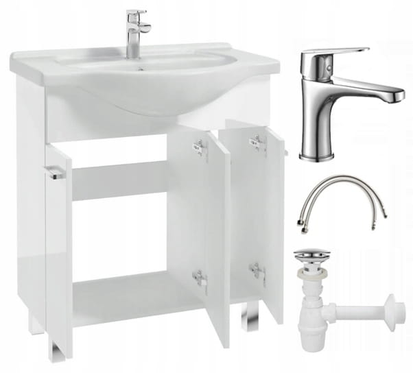 Bathroom cabinet with a washbasin on legs 84x75, standing white Mea with an elongated chrome tap