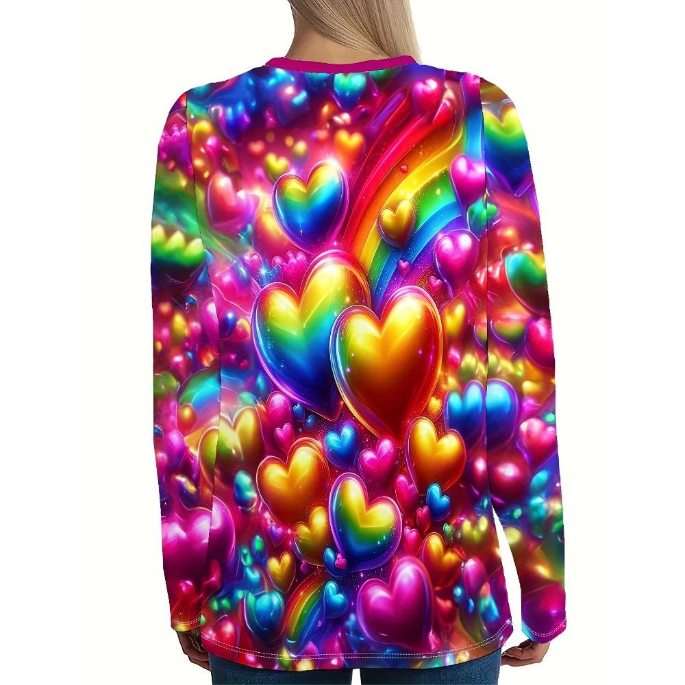 Женский повседневный топ с длинным рукавом и круглым вырезом с узором в виде сердца — яркий и красочный дизайн