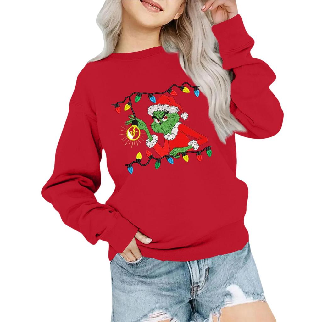 Kids' Fashion Loose-Fit Casual Long-Sleeve Christmas Print Oversized Crewneck Sweatshirt