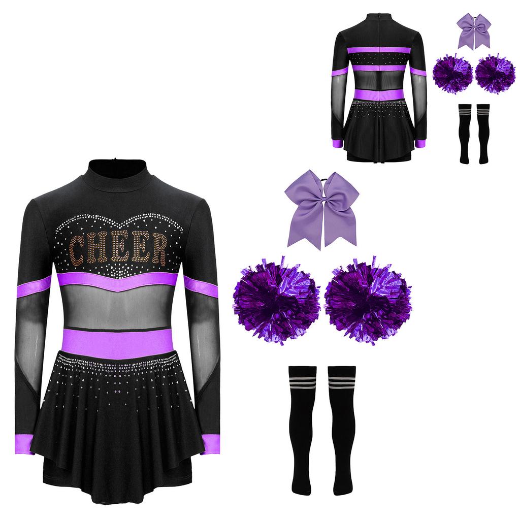 4Pcs Girls Cheer Leader Costume Long Sleeve Diamonds Dance Jumpsuit with Cheerleading Hand Flower Bowknot Hair Ties and Striped Knee High Tube Socks