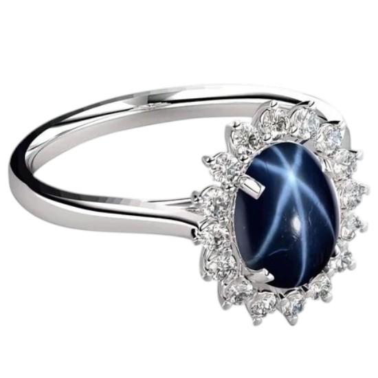 Star Sapphire Halo Ring in 925 Sterling Silver – Genuine Blue Star Sapphire, Handmade Ring For Her, Prong Setting Ring