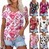 Ladies Summer Fashion Casual  Printed Strapless V-Neck Short Sleeve T-Shirt Top