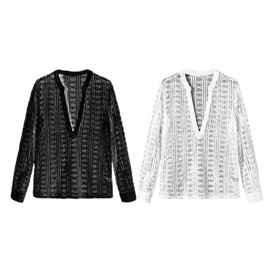 Men Club Shirt See-through Hollow Out Fishnet Deep V Neck Long Sleeve Solid Color Thin Pullover Soft Streetwear Slim Fit