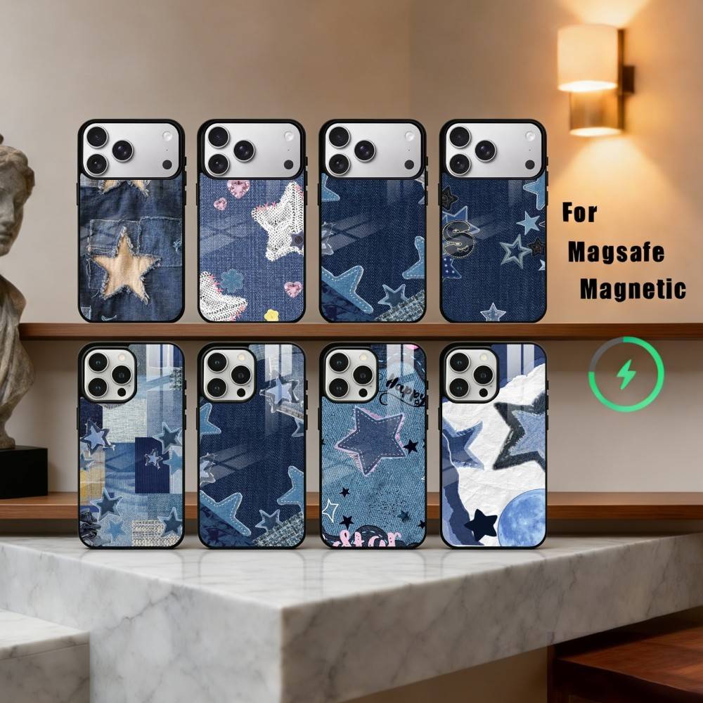 R-Ретро D-джинсовые патчи Чехол для телефона Для iPhone17,16,15,14,13,12,11 Plus,Pro Max Магнитный Для Magsafe Беспроводная зарядка