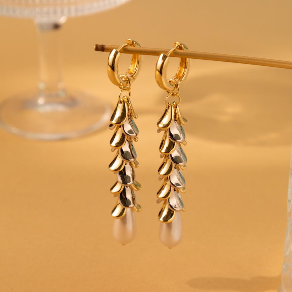 Elegant Geometric Alloy Long Earrings With Faux Pearl For Women Fashion