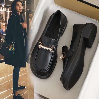 Маленькие кожаные туфли женские весна новые в британском стиле черные Doudou мягкая подошва плоская подошва новые удобные женские туфли-лодочки
