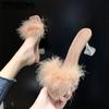 Women Fur Slippers Summer Fluffy Slippers R High -Heeled Slippers Sweet Ladies Stiletto Slippers Footwear