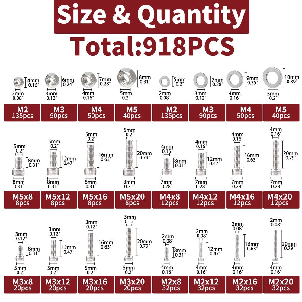 918pcs Nuts and Bolts Assortment Kit - M2, M3, M4, M5 Hex Head 304 Stainless Steel Bolts, Nuts, Flat Washers, and More