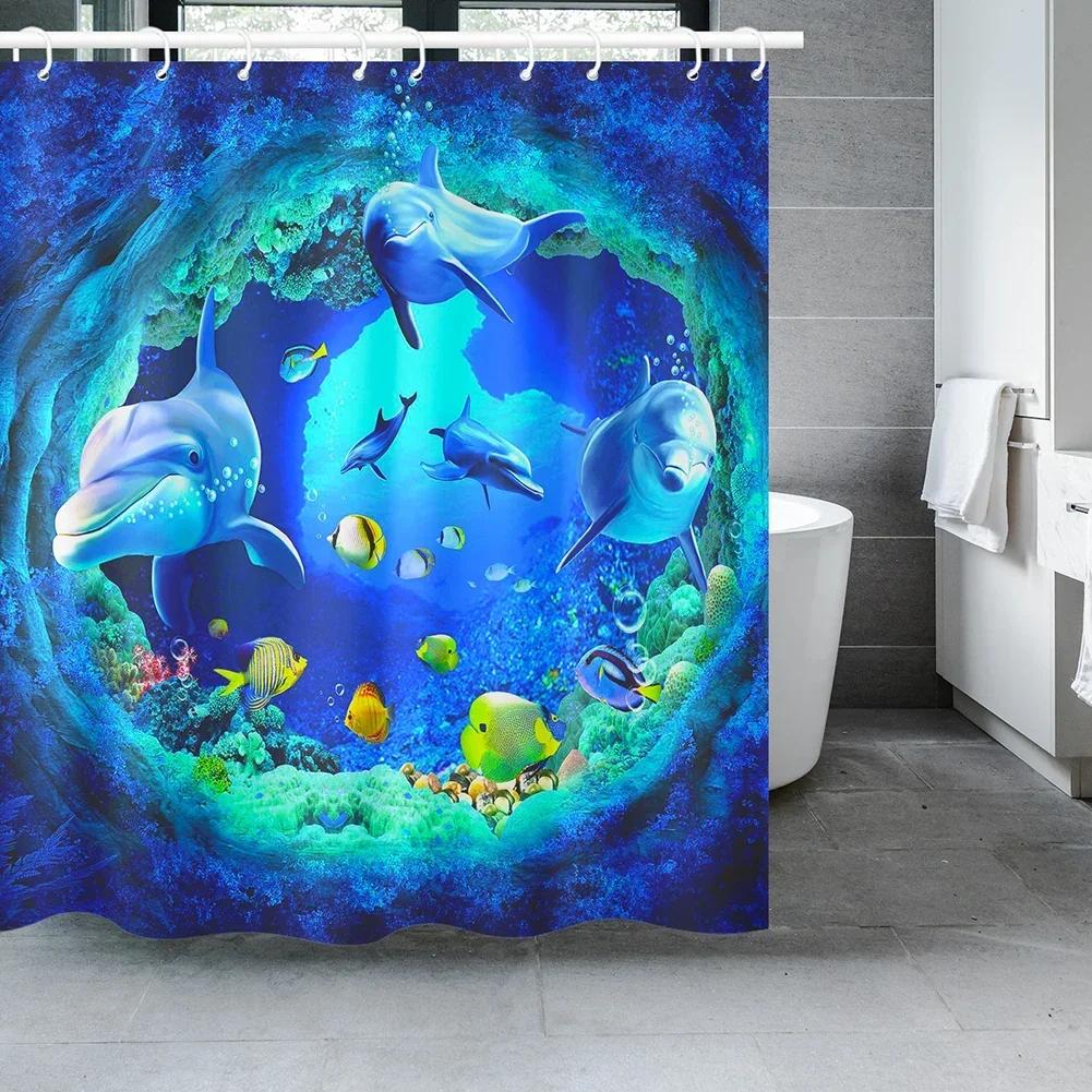 Ocean Underwater World Shower Curtains Set Dolphin Animal Cheerful Marine Life Scenery Polyester Fabric for Kids Bathroom Decor