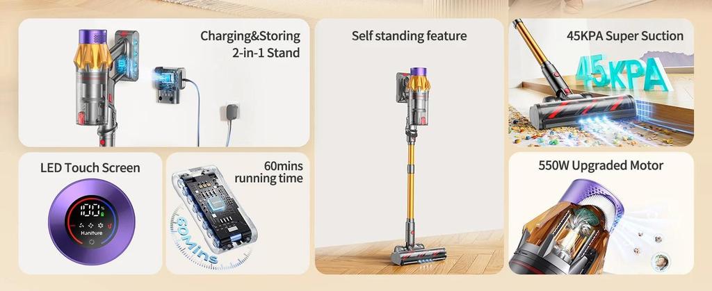Новый пылесос X7 Беспроводной ручной 48 кПа Сильное всасывание 550 Вт Мотор Умный дом Уборка Пылесос Светодиодный сенсорный экран
