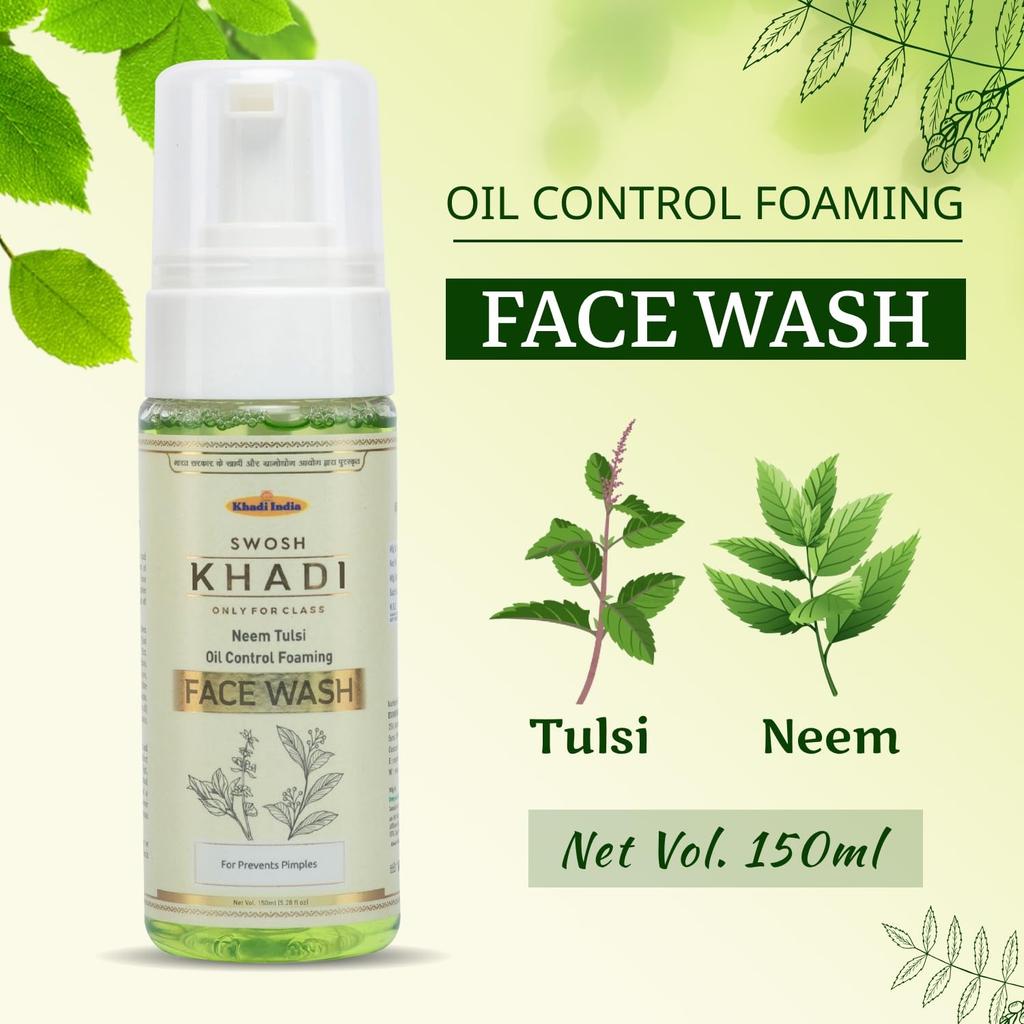 Средство для умывания с Нимом и Тулси (150 мл), Khadi Neem Tulsi Oil Control Foaming Face Wash,  Swosh