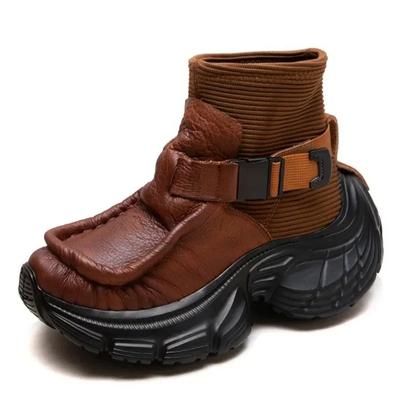 Модные британские ботильоны 6,5 см, эластичные носки для женщин, осенние туфли на платформе и танкетке из натуральной кожи, весенние плюшевые вязаные ботинки