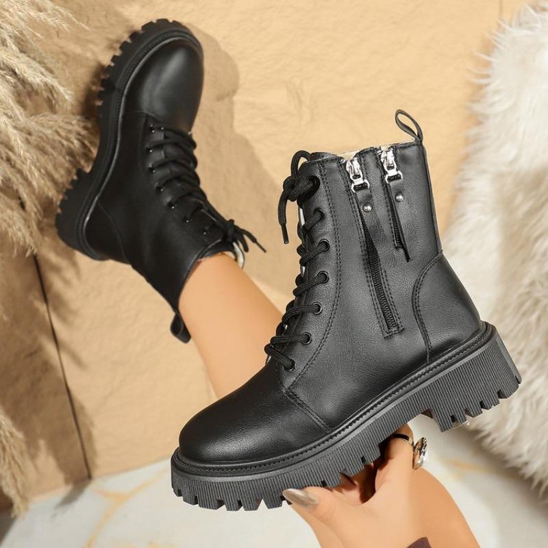 Модные женские ботинки Толстые теплые длинные плюшевые ботильоны Женские зимние ботинки на шнуровке Кожаные мотоциклетные ботинки Большого размера Удобная обувь Женская