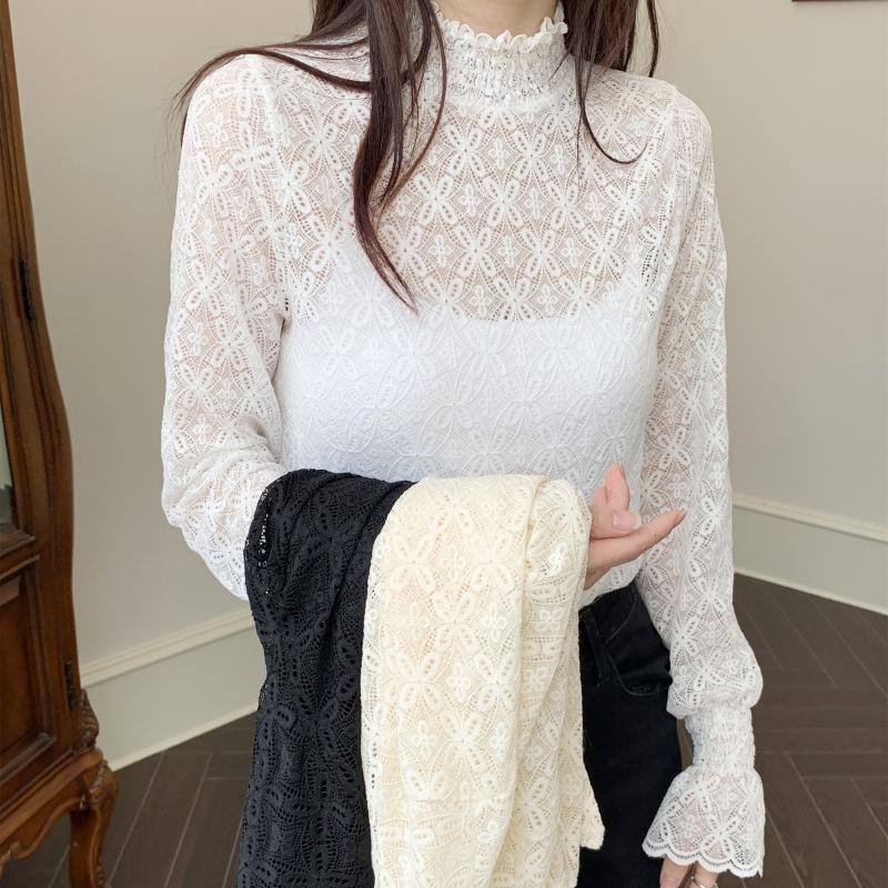 Осенне-зимняя женская рубашка с полувысоким воротником и бархатной кружевной основой, облегающая рубашка с длинными рукавами