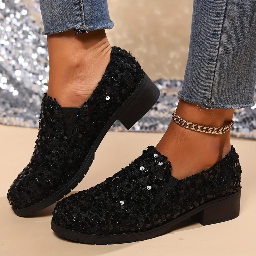 Women's Sequin Loafers - Black Glitter Slip-On Shoes with Chunky Heel, Breathable Fabric Upper & PU Sole, Comfortable Casual Nurse Shoes