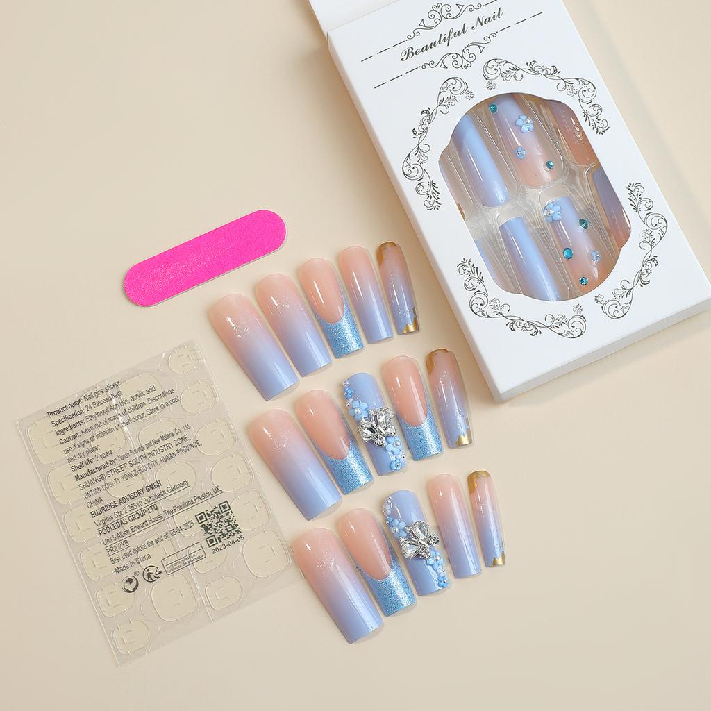 Autumn and Winter Blue Series Wearable Nails with Flower and Bowknot Glitter, Elegant Sweet Cool Girl Nail Tips, Brightening Nails